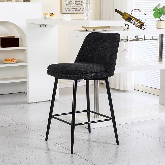 Counter Height Swivel Bar Stools Set of 2, 360° Swivel Upholstered Barstools with Back and Metal Legs, 25.6" Seat Height,Counter Stools for Kitchen Island and Pub,Linen Cloth