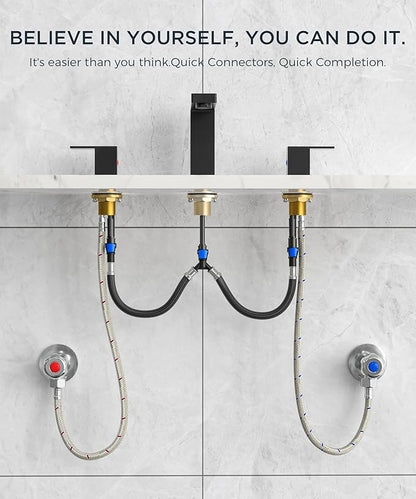 FORIOUS 8 Inch Widespread Black and Gold Bathroom Faucet Square, 2 Handle 6 Inch Matte Black Faucets for Bathroom Sink 3 Hole 8-10 Inch Vanity Sink, with Pop-up Drain, Hot and Cold Water Hoses