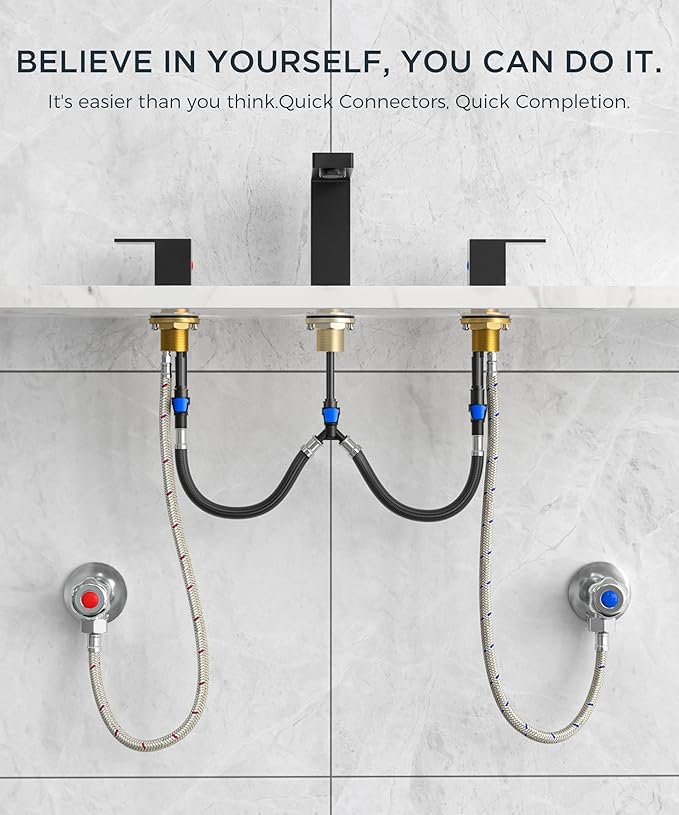 QFN Lead-Free Matte Black Bathroom Faucet 3 Hole, Square Bathroom Sink Faucet 8 Inch Widespread, 2 Handle for 4"-12" Vanity Sink with Metal Pop Up Drain and 24" cUPC Supply Hoses