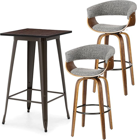 Glitzhome Bar Table and Chairs, Black Fabric Adjustable Swivel Bar Stools Set of 2, Square Rustic Cocktail Pub Table for Kitchen Island Bistro Office Living Room Dining Room Small Space Restaurant