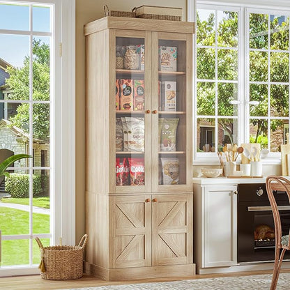 ivaniti 71" Tall Farmhouse Kitchen Pantry, Large Storage Cabinet with Glass Doors, Adjustable Shelves, 3 Drawer, Wood Versatile Hutch Cabinet for Dining Room, Living Room, Brown 2 PCS