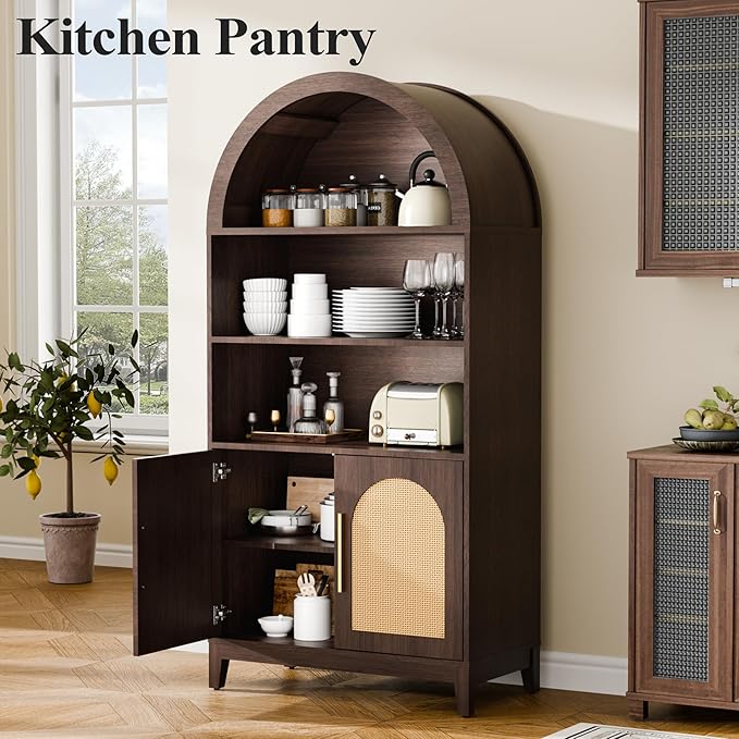 63" Tall Arched Pantry Cabinet with Doors, 5-Tier Arched Bookcase with Adjustable Shelves, Wood Storage Cabinet for Kitchen, Living Room, Office, Walnut