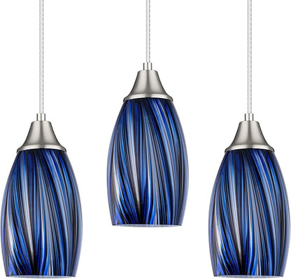 karyfine Dark Blue Glass Mini Pendant Lights for Kitchen Island 3Pack Blown Art Glass Pendant Lighting Shade Hanging Pendant Lights with Brushed Nickel Finish for Kitchen Over Sink,Dining Room