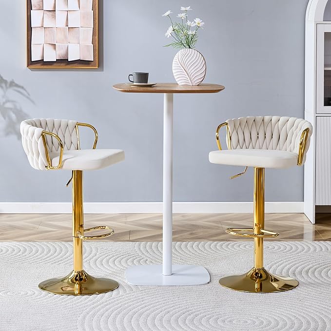 Velvet Bar Stools Set of 2, Woven Height Adjustable Swivel Barstools, Hydraulic Kitchen Counter Height Bar Chairs with Armrest and Back for Kitchen, Dining Room