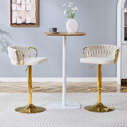 Velvet Bar Stools Set of 2, Woven Height Adjustable Swivel Barstools, Hydraulic Kitchen Counter Height Bar Chairs with Armrest and Back for Kitchen, Dining Room