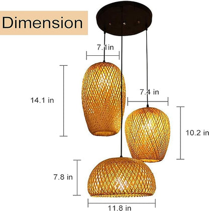 Bamboo Pendant Light, 3 Headlights Retro Japanese Style E27 Natural Bamboo Chandelier Hanging Light Ceiling Lighting Fixture for Living Room Bedroom Restaurant Cafe Teahouse Bar Dining Room Club