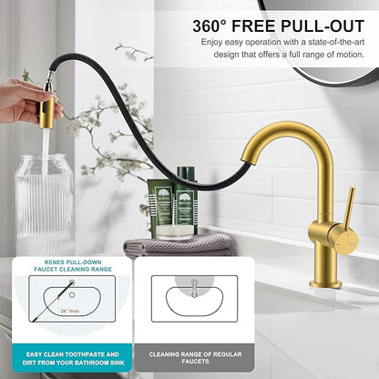 KENES Brushed Gold Single Handle Bathroom Faucet with Pull Out Sprayer, Pull Down Bathroom Sink Faucet with Sprayer, Vanity Bar Faucet with Pop Up Drain & Deck Plate, KE-9065B-4