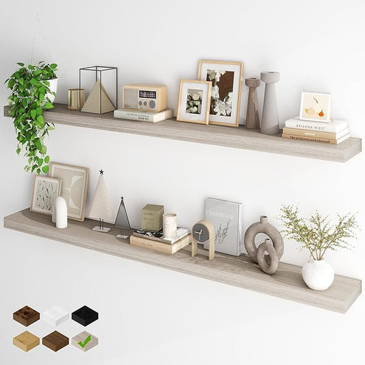 Fun Memories 66 Inch Fireplace Mantel - Long Floating Shelf, Wall Mounted Farmhouse Display with Invisible Heavy Duty Metal Bracket, Grey, 2 Pack