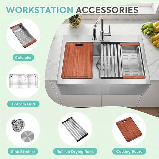 Rhbamoa 33 inch Stainless Steel Farmhouse Sink,16-Gauge T304 Stainless Steel Single Bowl Apron Front Kitchen Farm Sink,10 Inch Depth Topmount Farmhouse Kitchen Sinks with All Accessories