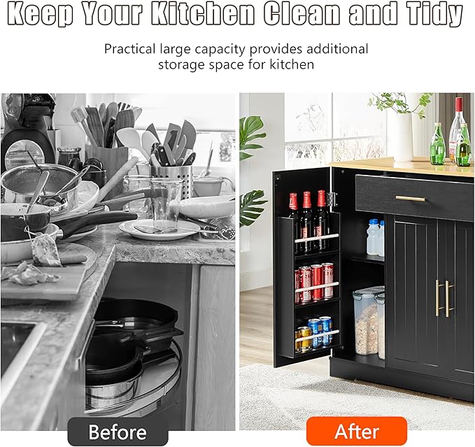 53 inch Large Kitchen Island Cart with Trash Can Storage Cabinet,Drawer and Adjustable Shelves,Breakfast Bar Cabinet for 13 Gallon Garbage Bin (Black+Oak@w)