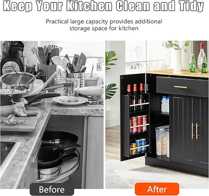 53 inch Large Kitchen Island Cart with Trash Can Storage Cabinet,Drawer and Adjustable Shelves,Breakfast Bar Cabinet for 13 Gallon Garbage Bin (Black+Oak@w)