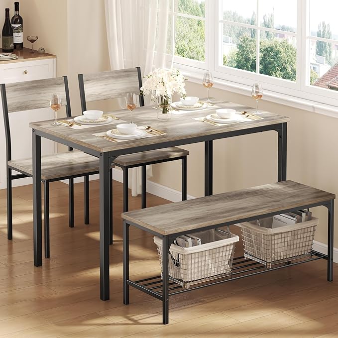 DUMOS Dining Table, Dining Table Set for 4 with Bench, Easy to Assemble Kitchen Table, Space-Saving Ideal 4-Person Set for Dining Room Kitchen Apartment Corner Gray 4 Pack