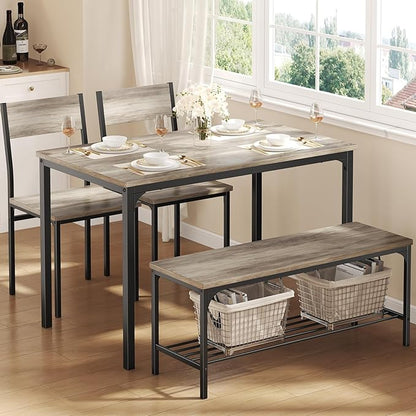 DUMOS Dining Table, Dining Table Set for 4 with Bench, Easy to Assemble Kitchen Table, Space-Saving Ideal 4-Person Set for Dining Room Kitchen Apartment Corner Gray 4 Pack