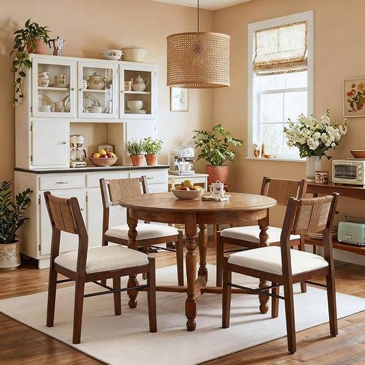 RIVOVA Farmhouse Woven Dining Chairs Set of 4 with Weave Paper Rope Back, White Chenille Upholstered Kitchen & Dining Room Chairs with Walnut Wood Legs, Mid-Century Armless Kitchen Side Chair