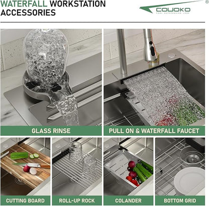 33 Inch Drop In Waterfall Kitchen Sink Workstation Smart 16 Gauge Stainless Steel Single Bowl Waterfall Sinks with Waterfall Faucet Combo and Cup Washer Set