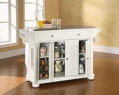 Crosley Furniture Alexandria Stainless Steel Top Rolling Kitchen Island Storage Cart, Spice Rack, White