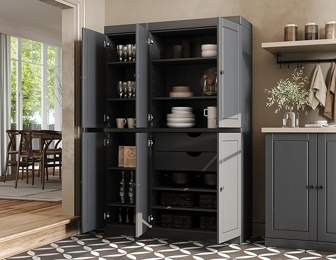 Palace Imports Solid Wood Kitchen Pantry Cabinet - 71.5" Tall x 48.5" Wide - Freestanding Storage Pantry w/ 2-Drawer Kit & Adjustable Shelves - Gray, Renewable Eco-Friendly 100% Wood, Made in Brazil