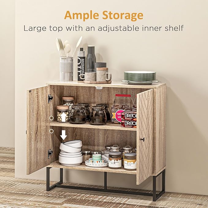 HOMCOM Modern Sideboard, Buffet Cabinet with 2 Chevron Doors and Adjustable Shelf, Kitchen Storage Cabinet with Steel Base, Coffee Bar Cabinet, 31.5" H, Oak