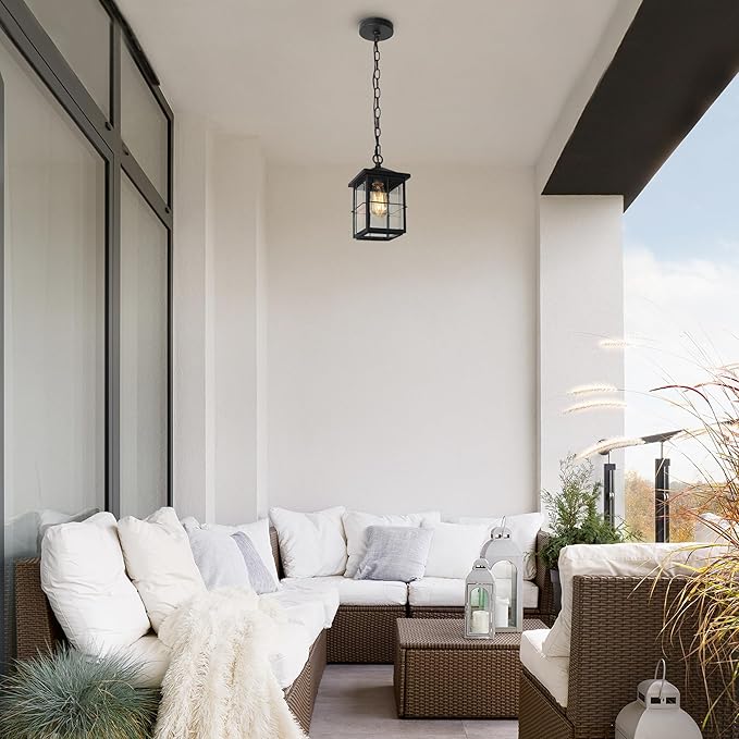 Outdoor Pendant Light Fixture, Farmhouse Exterior Hanging Lights with Adjustable Chain, Black Ceiling Outdoor Light with Seeded Glass, Square Hanging Lantern for Front Door, Entry, Porch, and Gazebo