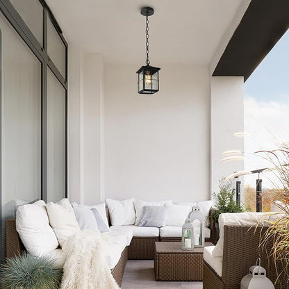 Outdoor Pendant Light Fixture, Farmhouse Exterior Hanging Lights with Adjustable Chain, Black Ceiling Outdoor Light with Seeded Glass, Square Hanging Lantern for Front Door, Entry, Porch, and Gazebo