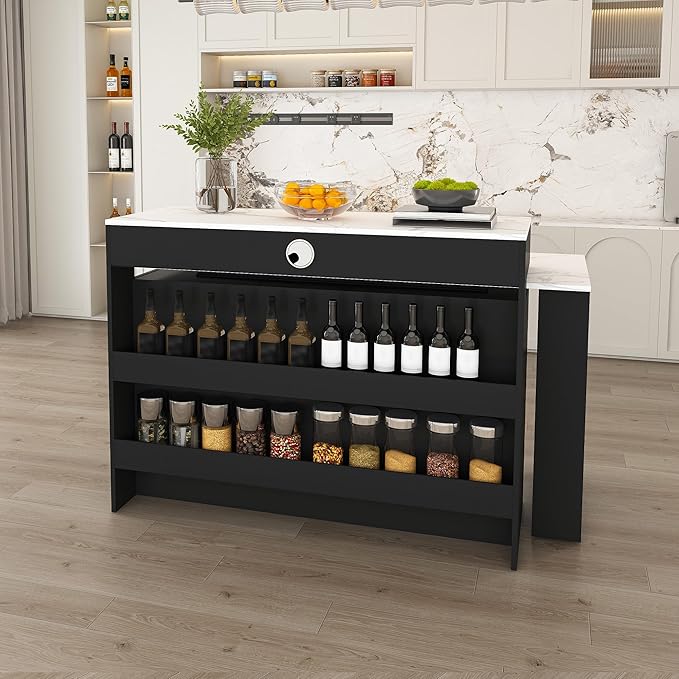 Kitchen Island Set with 2 Solid Wood Chairs, Extendable Rotating Table,with Marble Veneer Retro Design, 4 Drawers Glass Door Cabinets, Expandable Dining Station for 2 4 Person