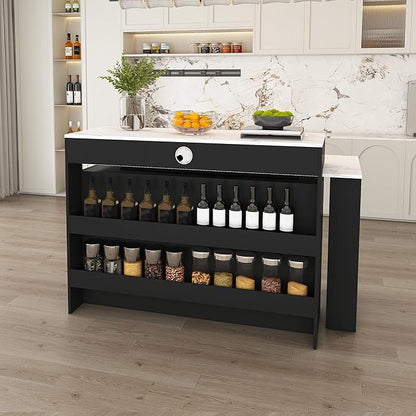 Kitchen Island Set with 2 Solid Wood Chairs, Extendable Rotating Table,with Marble Veneer Retro Design, 4 Drawers Glass Door Cabinets, Expandable Dining Station for 2 4 Person