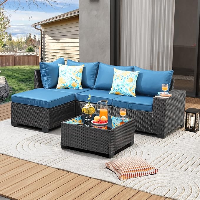 JOYURE 5 Pieces Patio Furniture Set All-Weather Outdoor Wicker Sectional Conversation Sofa Rattan Patio Seating Sofa with Cushion and Glass Table and Ottoman for Porch Poolside,Peacock Blue