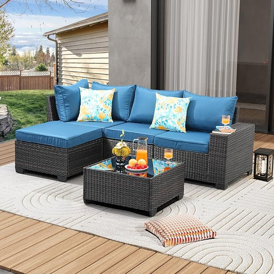 JOYURE 5 Pieces Patio Furniture Set All-Weather Outdoor Wicker Sectional Conversation Sofa Rattan Patio Seating Sofa with Cushion and Glass Table and Ottoman for Porch Poolside,Peacock Blue