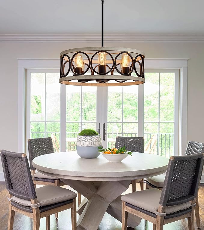 MEIXISUE Modern Farmhouse Drum Chandelier Black and White Birch Finish 6-Lights Round Metal Rustic Vintage Chandelier Light Fixtures for Kitchen Dining Room Living Room Office Hotel Restaurant