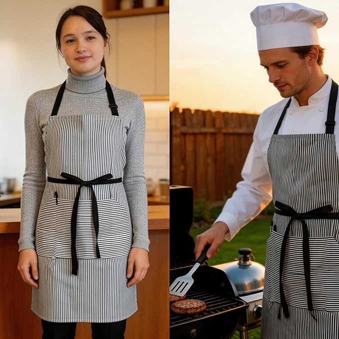 Kitchen Apron with 3 Pocket, Adjustable Server Apron, Waitress Apron with Pockets Stripes