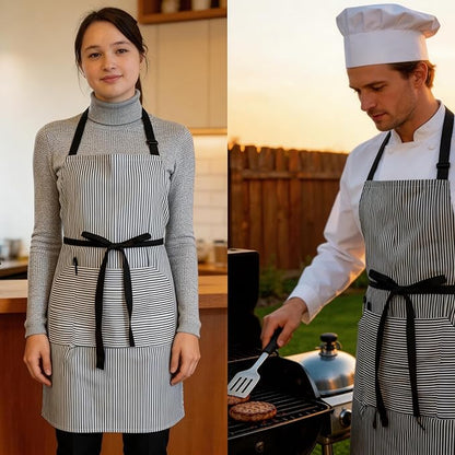 Kitchen Apron with 3 Pocket, Adjustable Server Apron, Waitress Apron with Pockets Stripes