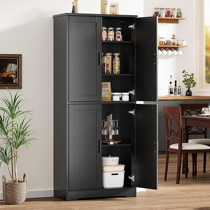 GarveeHome 70 in Tall Kitchen Pantry Cabinet, Freestanding Storage Cabinet with 4 Doors and Adjustable Shelves, Utility Cupboard for Dining Room, Living Room, Bathroom, Black