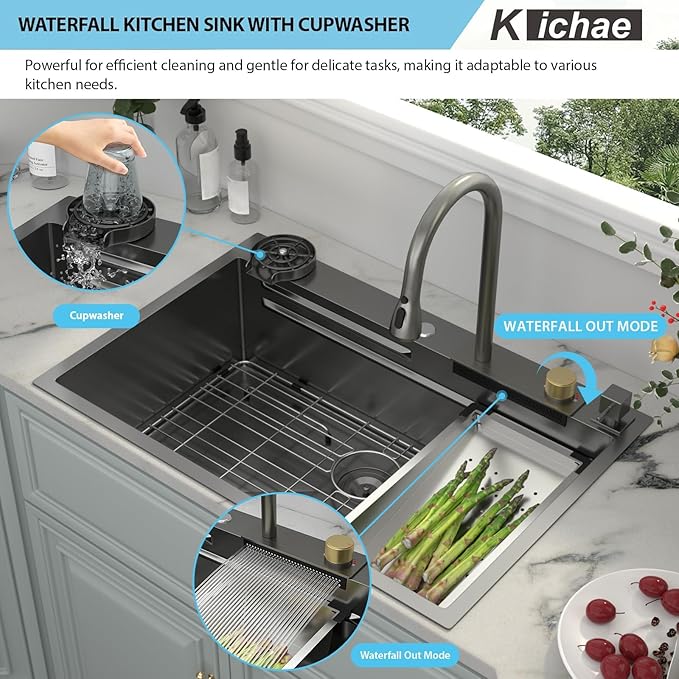 Kichae 33 Black Kitchen Sink Drop In Waterfall - 33x19 Drop Sink Stainless Steel 16G Single Bowl Waterfall Kitchen Sinks Workstation Handmade with Faucet & Glass Rinser