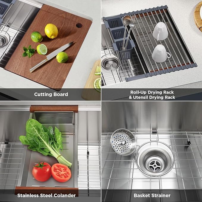 SANYCASA 28 Inch Undermount Kitchen Sink with Quiet Drain - 11 Gauge Stainless Steel, Single Bowl - Multifunctional Handmade Modern Integrated Ledge Workstation Set -