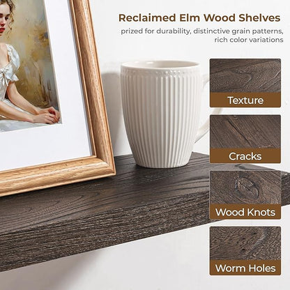 Axeman Floating Shelves for Wall, 8 Inch Deep Rustic Solid Elm Wood Wall Shelves for Storage, Wall Mounted Display Shelving with Invisible Heavy-Duty Metal Bracket, 36'' Width Set of 2, Walnut