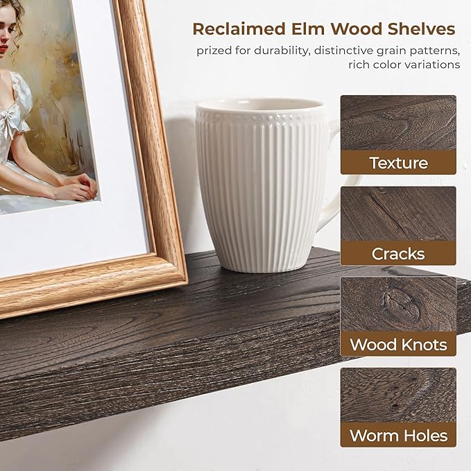 Axeman Floating Shelves for Wall, 24''W x 8'' D Rustic Solid Elm Wood Shelves for Storage, Wall Mounted Display Shelving with Invisible Heavy-Duty Metal Bracket (Walnut, 2PCs)
