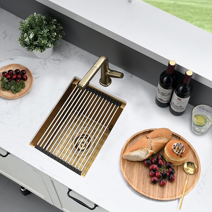 13 Inch Undermount Gold Bar Sink Workstation,13x18 Bar Sink Undermount Gold Stainless Steel Small Kitchen Sinks 18 Gauge Single Bowl Kitchen Wet Bar Sinks with Accessories
