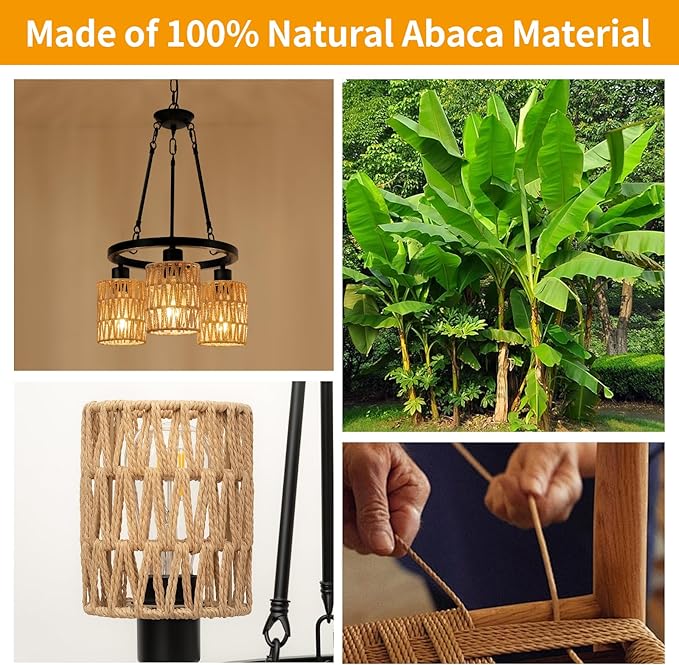 3-Light Boho Rattan Chandeliers for Dining Room,Farmhouse Wagon Wheel Chandeliers,Adjustable Height Hanging Round Pendant Lighs for Kitchen Island,Wicker Lampshade Chandelier Light Fixture