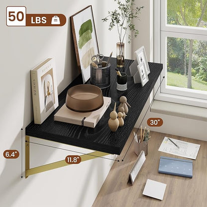 Deep Wall Shelves 30"W x 12"D Engineered Wood Floating Shelves for Wall, Sturdy Metal Bracket(Gold) Bookshelves Home Decor Storage for Living Room Bedroom Bathroom Kitchen, Set of 2, Black Finish