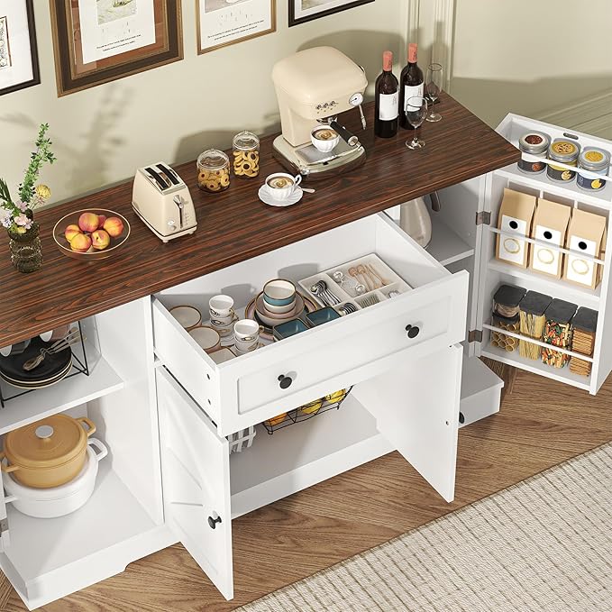 Bigbiglife Sideboard Buffet Cabinet, Modern Kitchen Coffee Bar Cabinet with Drawers & Charging Station, Storage Cabinet with Barn Doors, Wine Rack and Hooks, Wood Sideboard Buffet for Kitchen, White