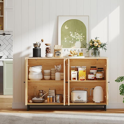 Giantex Rattan Sideboard Buffet Cabinet, 50" Large Boho Buffet Table with 4 Doors, Adjustable Shelves & Metal Legs, Farmhouse Accent Storage Cabinet for Kitchen, Living Room, Entryway, Coffee Bar