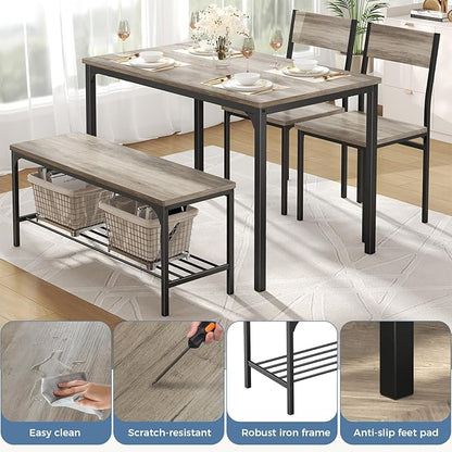 DUMOS Dining Table, Dining Table Set for 4 with Bench, Easy to Assemble Kitchen Table, Space-Saving Ideal 4-Person Set for Dining Room Kitchen Apartment Corner Gray 4 Pack
