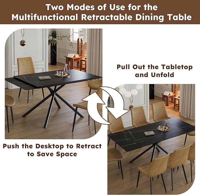 Runboll Extendable Rectangular Dining Table Set for 4, 47"-71" Modern Sintered Stone Kitchen Table with 4 Chairs and Carbon Steel Legs for Dining Room Family Gathering