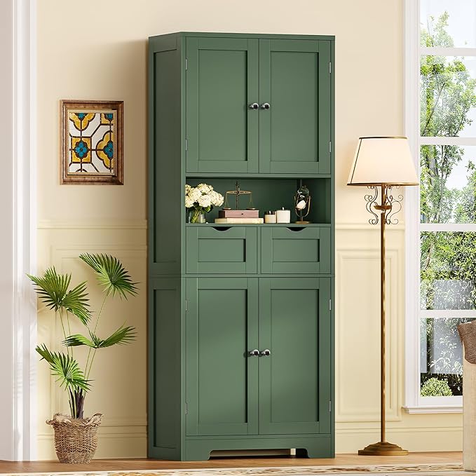 TEENFON Kitchen Pantry Cabinet with Adjustable Shelf, Tall Storage Cabinet with 2 Drawers & 4 Door Shelves, Food Pantry Cabinets, for Kitchen, Dining Room, Living Room, Green
