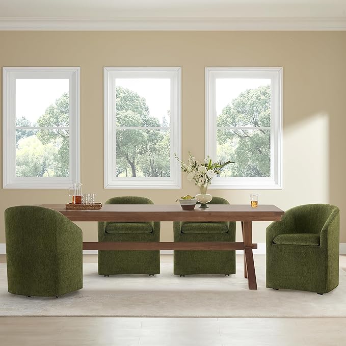 KISLOT Upholstered Dining Chairs with Casters, Washable Cover Modern Dining Room Chairs with Barrel Backrest & Dual Armrest for Kitchen, Living Room, Bedroom, Green Fabric, 4PCS