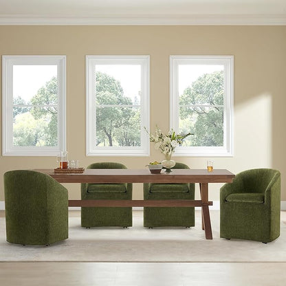KISLOT Upholstered Dining Chairs with Casters, Washable Cover Modern Dining Room Chairs with Barrel Backrest & Armrest, Vanity Chair with Wheels for Kitchen, Living Room, Bedroom, Green Fabric, 1PCS