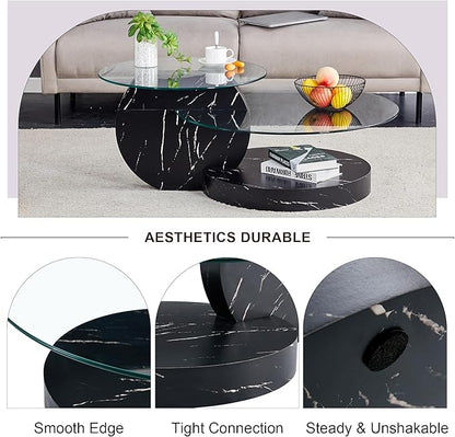 Glass Coffee Table, Modern Round Glass Coffee Table with Wooden Base, 3 Tier Round Coffee Table, Clear Cocktail Table with Storage for Living Room, Office, Balcony (42″ Black)