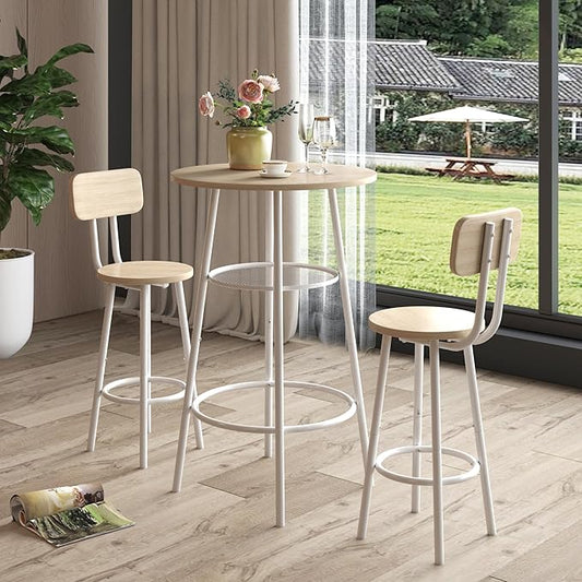 SOFTSEA 3 Piece Bar Table Set with Storage, 2-Tier Round Dining Table and 2 Stools, Counter Height High Top Bistro Set for Kitchen Breakfast Nook, White Oak