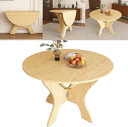 GDFStudio 43" Folding Dining Table for Small Spaces, Round Wood Kitchen Table with Ancient Oak Veneer, Space-Saving Foldable Table for Indoor & Outdoor Use, French Country & Beach Style