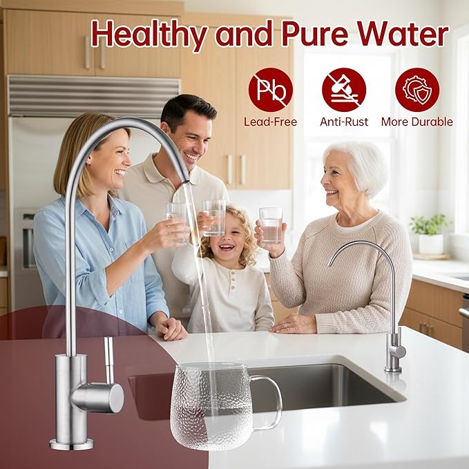 SUMERAIN Drinking Water Faucet for Kitchen Sink, NSF Certification Lead-Free SUS304 Stainless Steel Water Filter Faucet for Reverse Osmosis or Water Filtration System, Brushed Nickel Finish